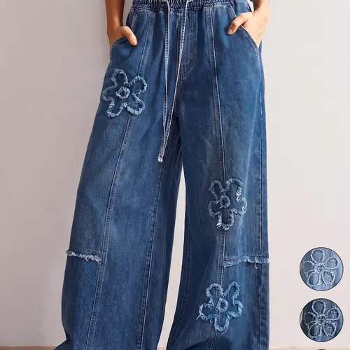 Women's Casual Floral Fringe Washed Vintage Baggy Wide Leg Denim Woven Loose Cut Jeans, Comfortable Loose Fit Adjustable Drawstring Elastic Waist Pants for Everyday Wear