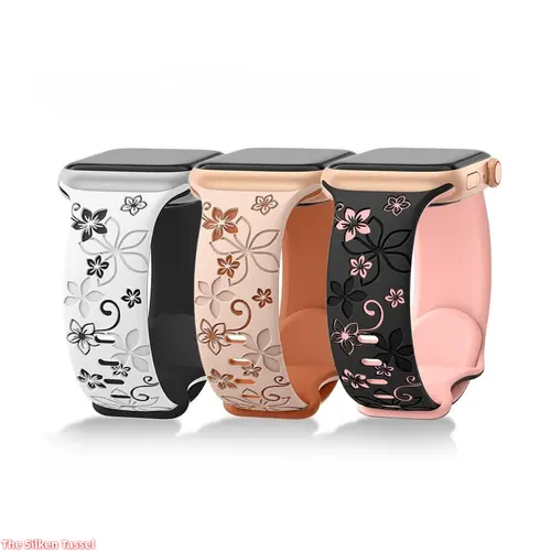Laser Engraved Bauhinia Two Tone Silicone Watch Band, Floral Soft Wrist Strap Compatible with Apple Watch Ultra, Exquisite Fashion Accessory for Daily Casual Wear (Strap Only) Pink Brown