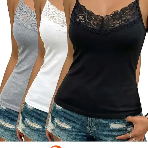 Women's 3-Pack Breathable Solid-Color Spaghetti Strap Camisoles - Slim-Fit, Minimalist Basic Cute Tops for Inner/Outer Wear, Lace-Paneled Sports Yoga Base Layer for All Seasons