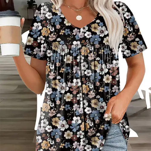 Plus Size Women's Bohemian V Neck Boho Chic Floral Shirt, Blouse, Boho Blouses, Loose Wrinkle Top, Boho Fashion Top, Summer Casual Mid-Length T-Shirt, Comfortable and Stylish Clothing, Boho Clothing, Womenswear