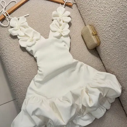 3D Floral Halter Mini Dress, Adjustable Tie Shoulder Bodycon Formal Party Dress, Ruffled Flounce Pure Desire Style, Waist Cinch Ruffle Dress, Chic Elegant Womenswear Feminine Fit, Bodycon Evening Dress, Trendy Classy Prom Dresses