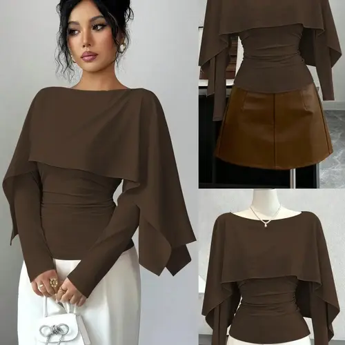 New Women's Shawl Neck Long Sleeve Stretch Knit Top, Youthful Elegant Casual Daily Wear, Waist Cinch Slimming T-Shirt for Tall Look