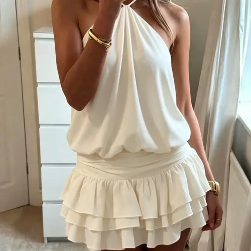 Fashion Halter Neck Sleeveless Tie Ruffle Ruffled Multi-Layer Short Dress, Beach Vacation Casual Wear, Elegant Party Wear
