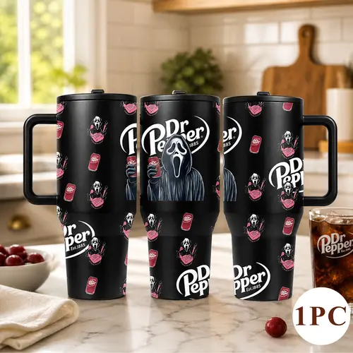 40oz insulated mug, large capacity vacuum cup, double wall, leak proof, Vacuum Leakproof Tumbler, with handle and lid, skinny design, for hot cold drinks, keep hot 12h cold 24h, horror scream cartoon soda print, travel daily use tumbler