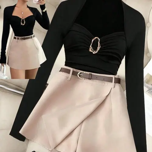 New French Elegant Basic Fashion Set, Square Neck Ruched Long Sleeve T-Shirt with Metal Buttons, Elastic Waist A-Line Skirt Pants, Women's Two-Piece Skirts Set, Womenswear, Clothes