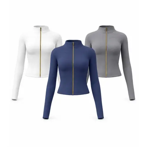 Golden Zip Women's Sport Jacket, Gold Zipper Slim Fit Long Sleeve Yoga Running Coat with Thumb Holes, Soft Skin-Friendly Cropped Athletic Top for Gym Casual Streamline Performance Jacket, Essential Yoga Jacket