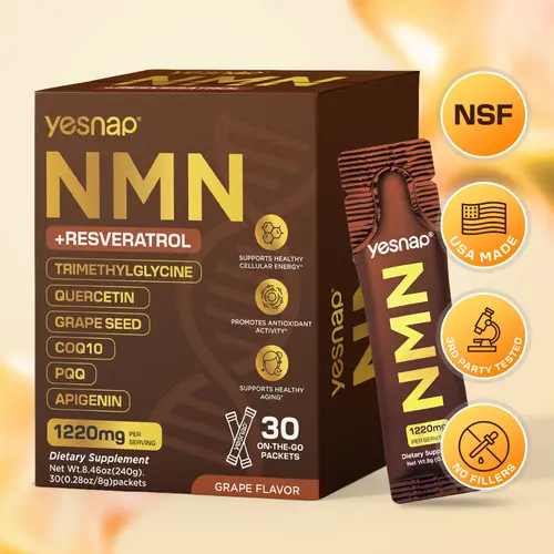 YESNAP 8-in-1 Multi-Nutrient Dietary NAD+ Supplement (1220mg NMN + Resveratrol) with TMG, Quercetin, CoQ10, PQQ, Grape Seed, Apigenin | Antioxidant Support, Cellular Boost | 30 On-The-Go Packets