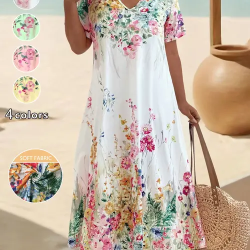 Boho Bohemian Floral Long Dress, V Neck Short Sleeve Flowy Beach Vacation Maxi Dress, Plus Size Summer Fashion, Casual Wear, Elegant and Comfortable, Beach Dresses
