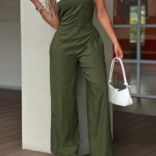 Fashion Bold Colorblock Waist Cinching Wide-Leg Jumpsuit, Trendy Casual Streetwear for Women