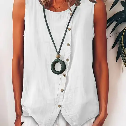 Summer Women's Casual Fit Sleeveless Basic Fashion Tank Top, Asymmetric Button Front Round Neck Breathable Linen Shirt, Perfect for Outdoor Leisure Wear Asymmetrical Top 8008