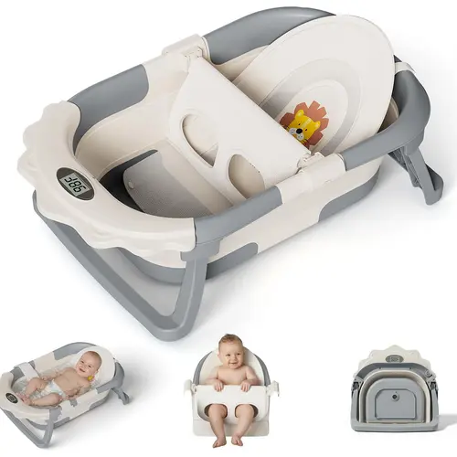 #backtoschool MoreFeel Foldable Baby Bathtub with Thermometer - 4-in-1 Grow-with-Me Collapsible Infant Tub (Newborn to Toddler) with Adjustable Mesh Sling - Space Saving Design