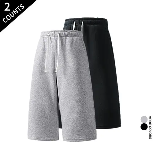 Men's 7-in Basic Baggy Oversize Wide Leg Sweat Shorts 2-Pack, Adjustable Drawstring Fit, Deep Side Pockets, Comfy Streetwear Bottoms