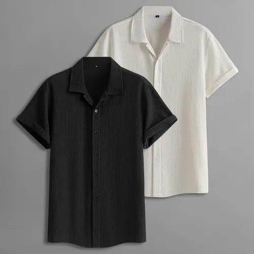 Men's 2-Pack Casual Short-Sleeve Menswear Shirts, Plain Black-Beige Tops with Textured Wrinkle Details, Loose Fit Versatile Summer Apparel