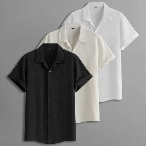3-Pack Men’s Summer Short-Sleeve Shirts – Wrinkled Texture, Trendy Casual Loose Fit, Versatile Tops for Men