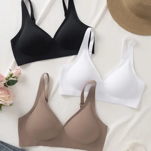 2-Pack or 3-Pack Women's Seamless Cup Wireless V-Neck Basic Everyday Bras, Adjustable Straps, Removable Pads, Supportive Women's Underwear, Sizes S-3XL (5 Colors)