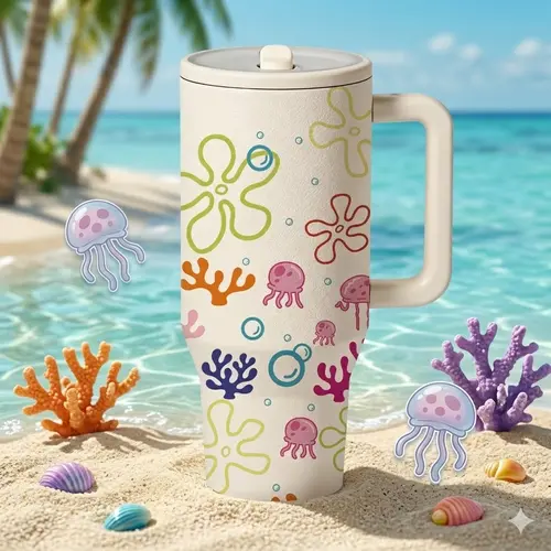 1PC 40oz Insulated Mug, Bikini Bottom Inspired Thermal Cup, Vacuum Insulated Tumbler, Ocean Jellyfish Coral Print, Double Wall, Leak-Proof, Handle & Straw Lid, 12H Hot/24H Cold Retention, Large Capacity Travel Tumbler, Gift for Women & Men #GLOBAL PICKS