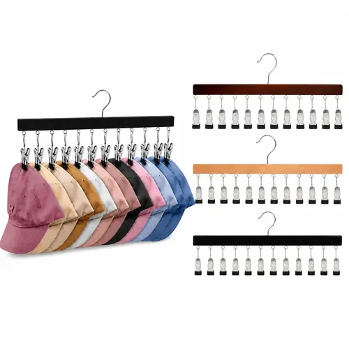 Durable Wooden Closet Hat Rack - Hanging Hat Rack Holder, 1-2 Pack Options (2 Pack with 24 Organizer Clips), 12 Non-Slip Stainless Steel Clips, Space Saver Hooks & Rails, Fits All Cap Sizes, Holds Baseball Caps/Jeans, Black Hanging Accessories, Organizer,