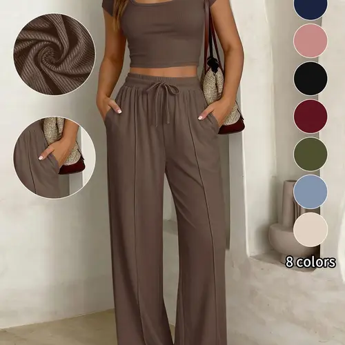 Women's New Summer/Autumn Casual Basic Slimming Y2K Two-Piece Set with Adjustable Drawstring, Short Sleeve Top and Pants for Commute