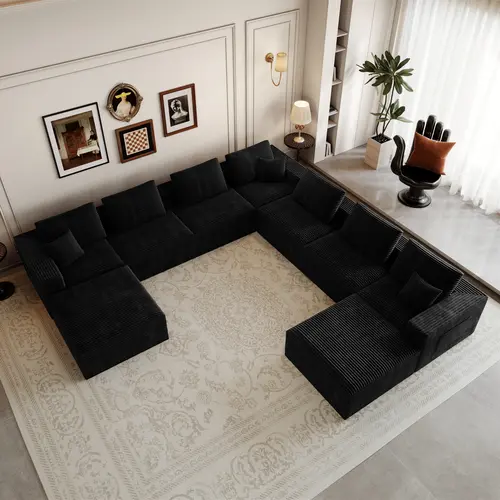 Niccae 9-Piece Modular L-Shape Couch with Chaise Lounge, Reversible Seating, No-Assembly Unwrap & Relax, Plush Corduroy Upholstery, Plush Foam, Spring Pack Support, 141.73x141.73in Corner Layout Living Room Apartment Furniture (Black) [Sub 2-3 Packages]