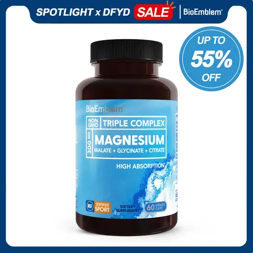 BioEmblem Dietary Magnesium Complex Fitness Supplement Stack - 300mg Elemental Magnesium (Citrate, Malate, Glycinate) - NSF Certified for Sport - GMO-Free, Gluten-Free - High Absorption Healthcare for Adults' Muscle Relief, Post-Workout Aid - 60 Capsules