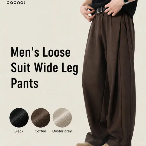 Men's High-Rise Comfy Long Pants - Baggy Wide-Leg, Pleated, Plain, Below the Ankle, Machine-Washable Retro Streetwear Menswear Trousers