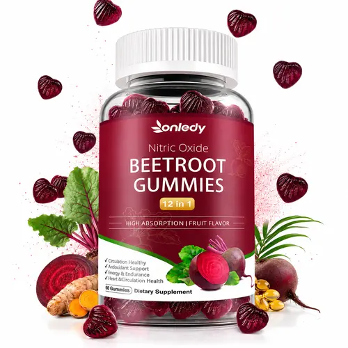Organic Beet Root Gummies - 12-in-1 Nitric Oxide Support Edible Vitamin Supplement, Gluten-Free Wellness Formula with Raspberry, Ginger + Cayenne, Grape Seed + Turmeric, 2-Gummy Dose for Blood Flow, 60 Count Strawberry Flavor All Natural Supplement Dietar