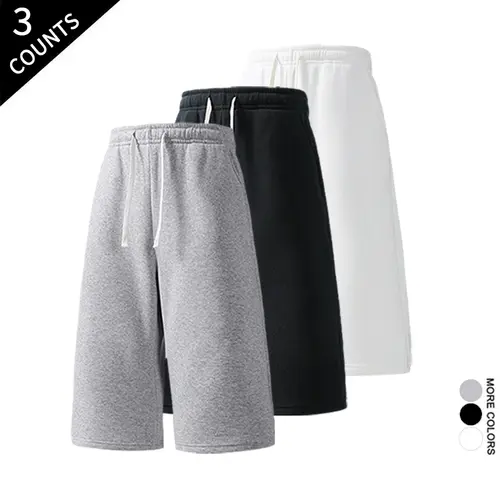 Men's 3-Count Baggy Knee-Length Basic Athletic Sweat Shorts - Unisex Drawstring, Black/White/Gray, Practical Side Pockets, for Gym, Street Wear, Baggy Shorts