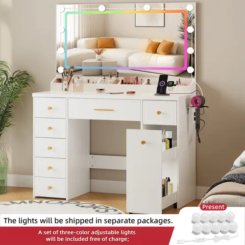 LAKEMID 41.5" Sturdy Stable Makeup Vanity Desk with Mirror - 7 Drawers, Power Outlet, 2-Tier Castered Cabinet, 6 Compartments, 7-Color LED Lights, Indoor Furniture for Girls' Room Storage, Casters