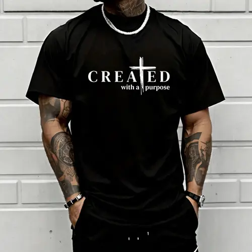 Men's Christian Short-Sleeve Graphic Tee - "Created with a Purpose" Cross Quote Print, Round Neck Casual Clothes Products, Church Outfits, Summer Wear, Father's Day Gifts for Him, Men's Clothing Shortsleeve Top