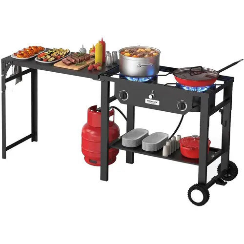 ROVSUN 2/3 Burner Outdoor Propane Gas Stove with Foldable Work Station, Auto-ignition & Regulator, Powerful Camping Burner with Portable Wheels for Backyard Patio Cooking Brewing Frying