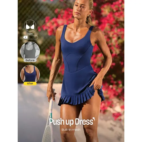 GLOWMODE FeatherFit Air Double Time Buttery Soft Stretchy Sweat Wicking Pleated Mini Skirt With Built In Shorts Side Pockets Non Slip Grips & Tummy Control Open Back Bodysuit Low Impact Tennis Golf Pickleball Daily Casual Wear