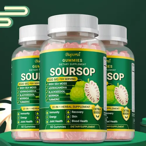Buporai Soursop Dietary Supplement Gummies (60 Count) — Formulated with Irish Sea Moss, Ashwagandha, Black Seed Oil, Moringa, and Turmeric to Support Skin and Joint Health.