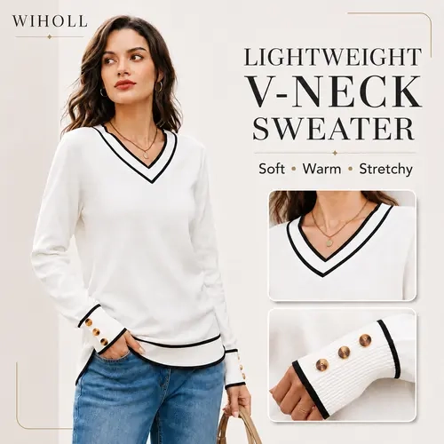 WIHOLL Women's Casual V-Neck Knit Sweater - Loose-Fitting Long Sleeve Lightweight Top with Decorative Button Cuffs, Soft Drape, Relaxed Length, Chic Pullover, Clothes, Machine Washable, Multi-Size Basics, Sweaters
