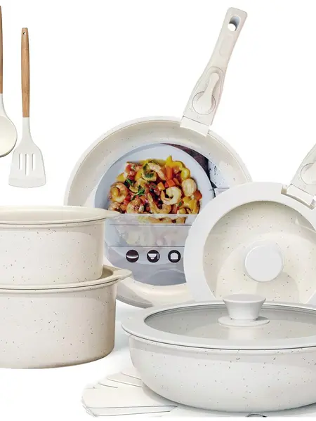 MDHAND 17Pcs Nonstick Cookware Set With Detachable Handles, Stackable Pots And Pans Set For RV Kitchen And Home, Induction Ready, Oven & Dishwasher Safe, Effortlessly Allows Frying, Stir-Frying, Stewing & Boiling Maifan Stone Non-Stick Kitchen Cooking Set