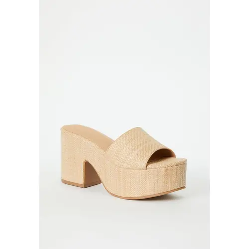 JUSTFAB Women's Woven Natural Raffia Platform Mules | Slip On 3.5" Chunky Block Heel Sandals with an Open Square Toe, Footwear, Women's Fashion, Classy, Elegant, Farmers Markets
