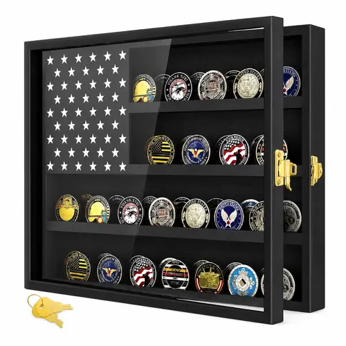 Showcase Your Pride with this American Flag Challenge Coin Display Case! Wooden Military Shadow Box with UV Acrylic Door Holds 45+ Medals & Tokens. Perfect Desk Organizer or Wall Mounted Decor for Home, Office, Study Room & Veteran Gifts