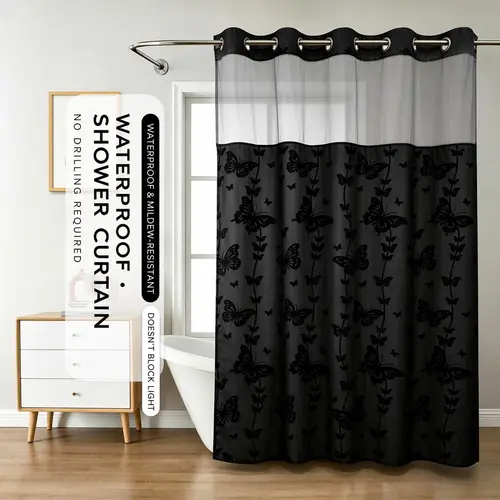 Hook-Free Double-Layer Butterfly Flocked Shower Curtain with Mesh Top Window | No-Drill Installation | Easy Setup for Airbnb, Hotel & Modern Home Décor | 71 × 74 in