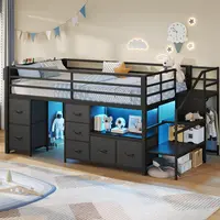 ADORNEVE Low Loft Bed Twin Size with Stairs,7 Drawers, Bookcase and LED Lights, Metal Kids Loft Bed with 14" H Safety Guardrail,Inclined Ladder and Play Curtain, Under-Bed Play Space,dorm essentials,home decor
