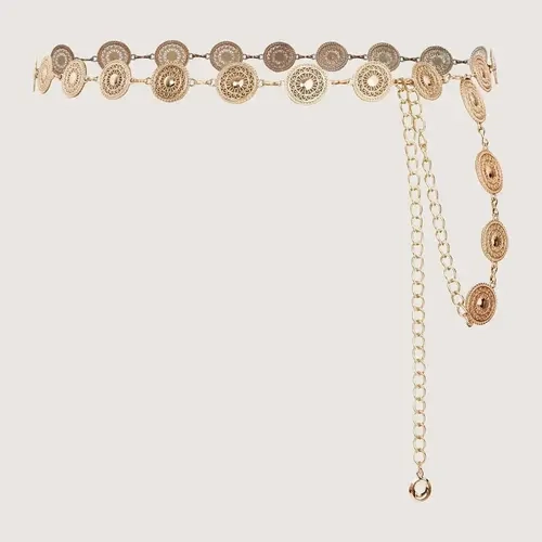 BloomChic Women's Sexy Layered Links Alloy Metal Waist Chain Belt - Gold Sun Charm Fashion Accessory with Adjustable Chain Extender for Extended Length, Engravings, Shape-Retaining Design for Bold Wear
