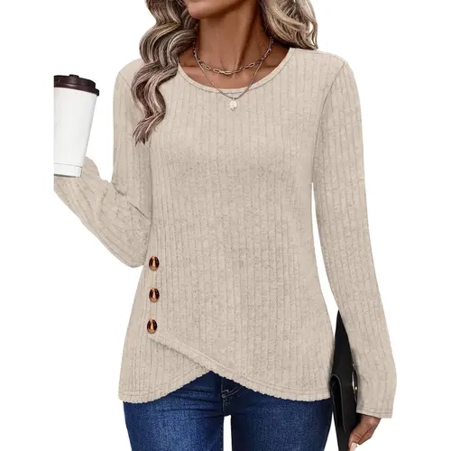 Wiholl Fashion Tunic Sweaters for Women Long Sleeve Shirts Crew Neck Tops with Buttons Fall Fashion Outfits Winter Clothing