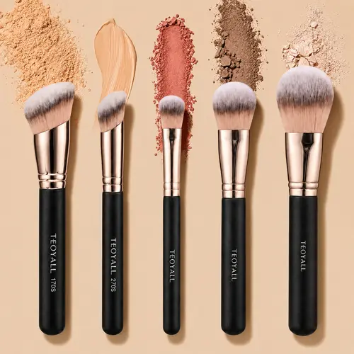 5 Pcs Makeup Brush Set - TEOYALL - Handcrafted High Density Brushes - Full Coverage Foundation, Concealer, Bronzer, Contour, Blush & Setting Powder - Premium Affordable