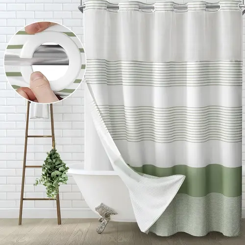 Green striped geometric double-layer hookless shower curtain with top mesh window, no-drill easy installation, suitable for hotels, homestays, and modern homes, 72 × 75 inches
