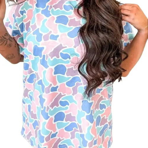 Women's Oversized Polyester Colorful Camouflage Short-Sleeve Crew Neck Casual T-Shirt Top, Camping Essential, Cute Trendy Popular Shirts, Leggings-Matching Clothes, Clothes For Women