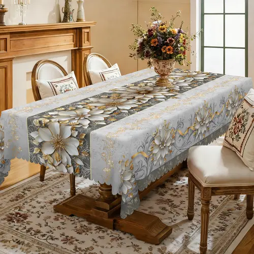 【Back to School】【Dorm Essentials】EIKIONE Fresh Floral Pattern Table Cloth Machine Washable Polyester Table Cover for Family Parties Easy Care Reusable Indoor Outdoor Wrinkle Free Great for Parties Catering Events and Seasonal Displays