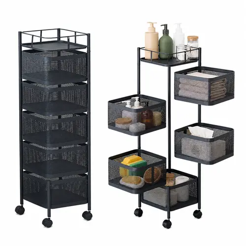 5-Tier Rotating Storage Cart - Carbon Steel Metal Organizer Wire Shelving Unit with Lockable Wheels. Square Utility Trolley Rack Space-Saving Bin for Kitchen Fruit Potato Onion Veggie Pantry Bathroom Shelf. No Assembly Foldable Rolling Carts