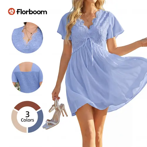 Florboom Floral Boho Dress for Women, Lace V Neck, Flutter Short Sleeve A-Line Flowy Dress for Wedding Guest, Bride, Family Pictures, Baby Shower & Church️, Fashion