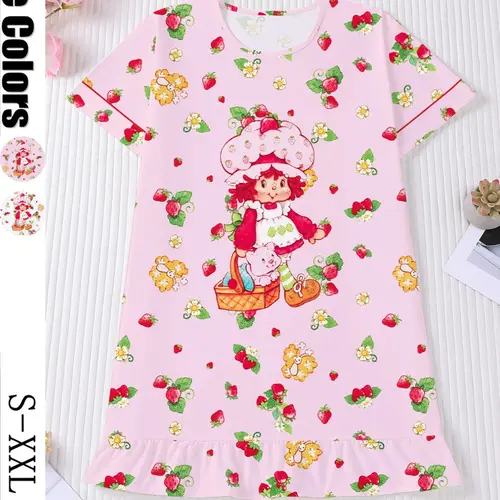 Strawberry Cartoon Print Women's Nightgown, Round Neck Nightdress Short Sleeve Medium-Length Loose Comfortable Cute, Fashion Daily Wear, Holiday Pajamas, Party Clothes, Casual Outdoor Homewear, Loungewear, Nightwear, Pjs
