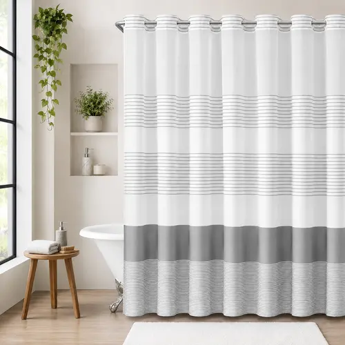 striped geometric double-layer shower curtain, no-drill hookless design, with sheer top window for light transmission, quick installation and easy removal for cleaning, suitable for hotels, homestays, and modern home bathrooms,72x75