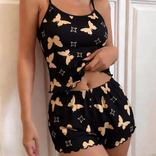 Summer Women's Pajama Set 2-Piece Top, Sleeveless Cartoon Pattern, Fitted Breathable Casual Sleepwear Loungewear Homewear, Cute Butterfly Design, Wearable at Home
