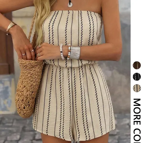 Women's Striped Print Beach Holiday Romper, Sleeveless Elegant Fitted Casual Style, Perfect for Vacation Wear, Comfortable and Stylish Beach Outfit, Rompers Jumpsuits